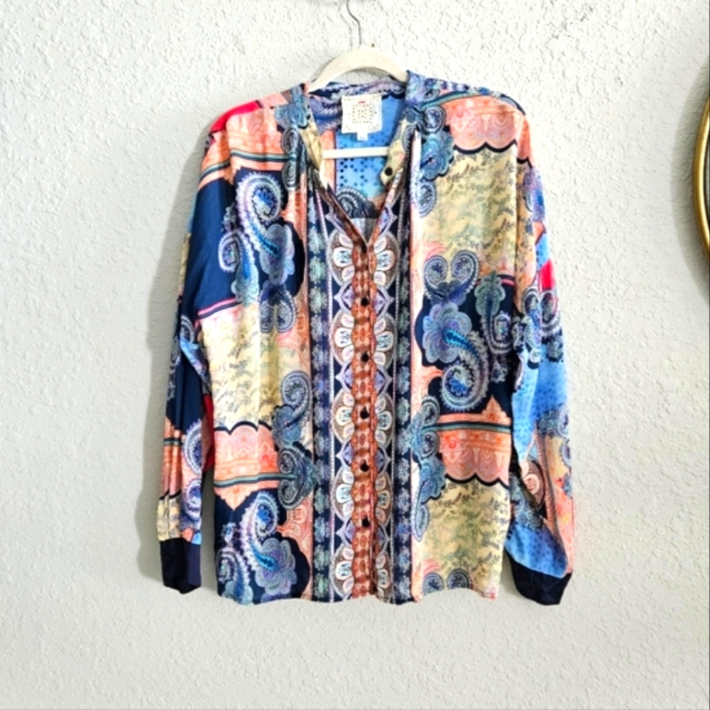 Johnny Was Onda Colorful Silk Button Down Collarless Long Sleeve Blouse
